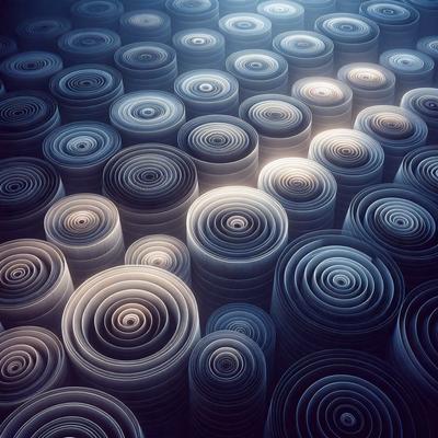 The primary subject of the image is a large number of white, circular objects arranged in a pattern. The setting is a dark background, which contrasts with the bright, white objects. The visual style appears to be a combination of digital art and illustration, creating a unique and intriguing pattern. The colors and mood of the image are predominantly dark, with the white objects standing out as the main focus.